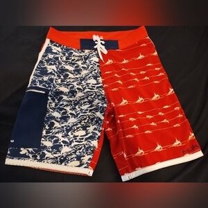 Huk Red White And Blue Swim Shorts Fishing Tie and Velcro Closure Size 34